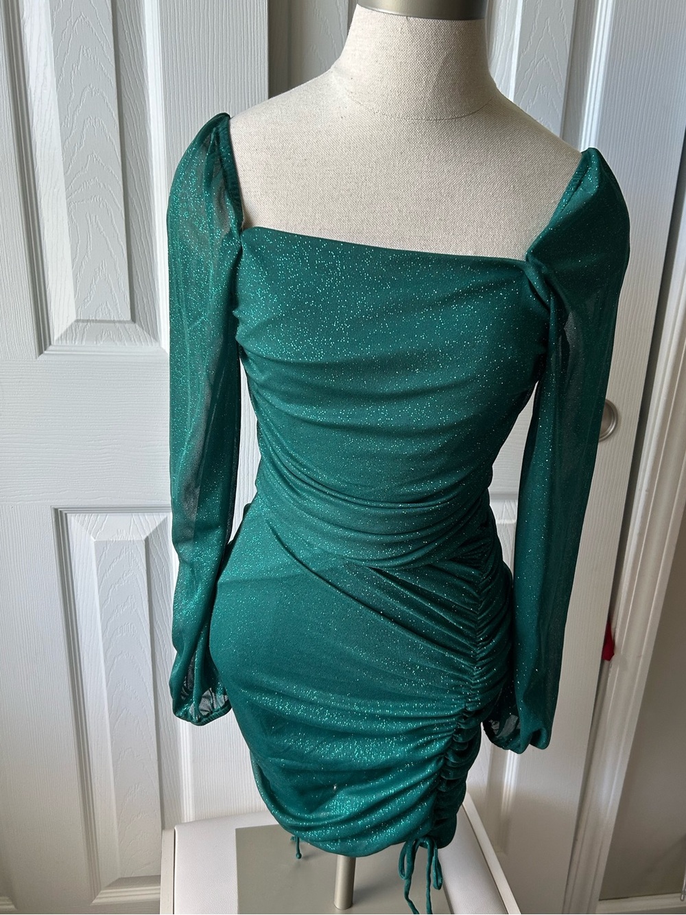 Jump Teal Sparkle Long-Sleeve Ruched Mini Dress